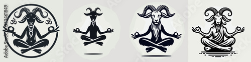 Goat meditation vector outline drawing depicts serene mountain goats finding inner peace through mindful breathing exercises.