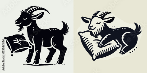 Goat Playful Pillow vector illustration a cute, fluffy, mischievous kid playing happily