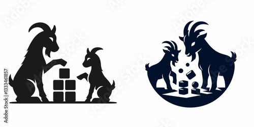 Goat Playing games together minimalist vector graphic depicting a playful herd