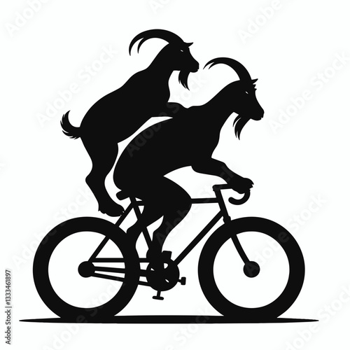 Goat riding a bicycle together a minimalist vector graphic shows a whimsical journey
