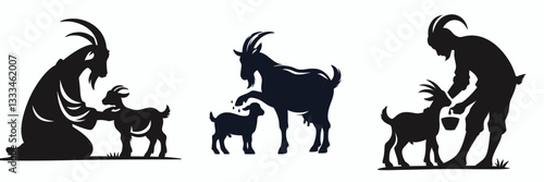 Goat taking care of a pet: create a simple monochrome vector drawing of this unusual friendship.