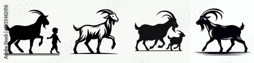 Goat walking hand in hand vector outline drawing depicts a heartwarming pastoral scene of friendly animals