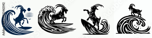 Goat wave surfing minimalist silhouette drawing depicts a daring goat riding an ocean wave