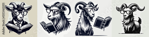 Goat wear glasses reading a book minimalist vector illustration