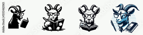 Goat wear glasses writing notebook minimalist doodle of a caprine scholar studying.