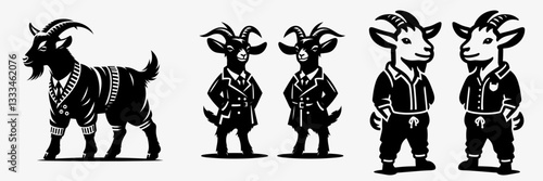 Goat wearing matching outfits vector graphic simple minimalist silhouettes a family of goats dressed alike for a whimsical farm photo.