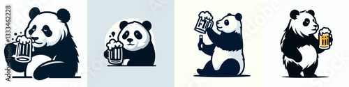 Panda drink beer vector outline drawing a simple monochrome minimalist silhouette of a relaxed bear enjoying a cold one