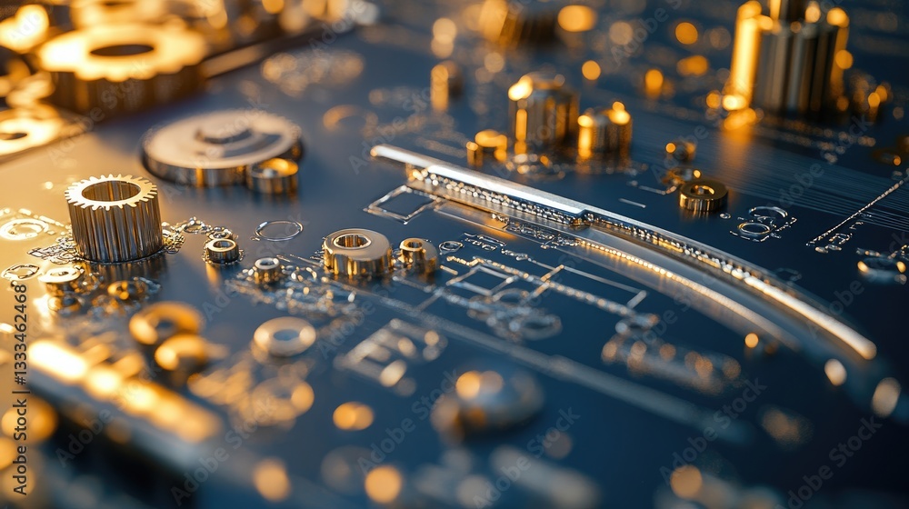 A deep-focus shot of high-precision metal engraving tools placed on a navy and gold background. A deep-focus shot of high-precision metal engraving tools placed on a navy and gold background.