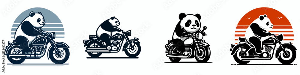 Fototapeta premium Panda rides a classic motorcycle vector graphic simple minimalist silhouette a whimsical journey through bamboo forests