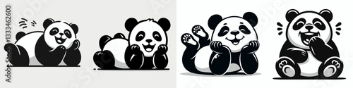 Panda lying down on stomach laughing together minimalist vector drawing shows happy playful friends enjoying a funny moment