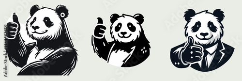 Panda making a thumb up gesture vector graphic simple monochrome minimalist silhouette: a positive symbol of approval and success.