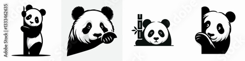 Panda peeking vector outline drawing shows a playful, curious bear gazing intently.
