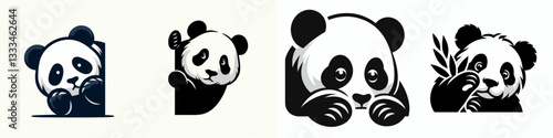 Panda peeking pose vector outline drawing shows a curious, playful panda peering from behind a bamboo stalk.