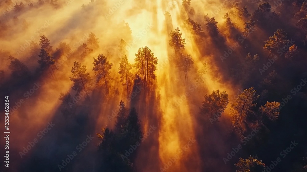 Obraz premium Aerial View of Sunrise in Misty Forest with Golden Light Rays