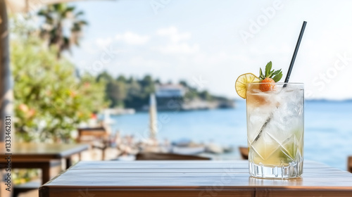 Refreshing Summer Cocktail by the Sea A Perfect Beach Bar Drink Photo for Vacation and Travel Websites photo