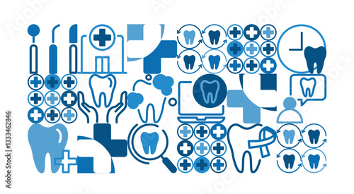 Dental icons and symbols, illustrating various aspects of dental health, care, and hygiene. medical tools and dental procedures. used in dentist clinic or hospital. vector design.