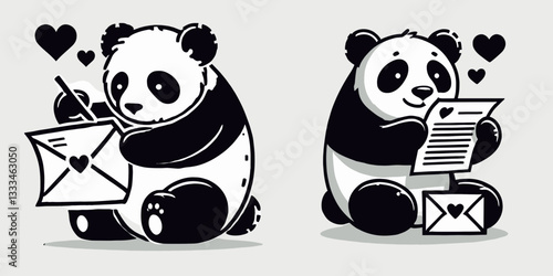 Panda Writing love letters a minimalist doodle expressing affection through heartfelt missives