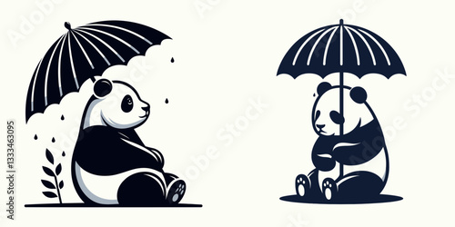 Panda Under the Umbrella vector graphic simple minimalist silhouette a cute bear enjoying a rainy day