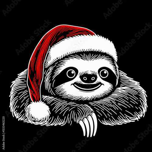 Sloth wear red Santa Claus costumes leaning forward a minimalist vector graphic depicting lazy Christmas cheer
