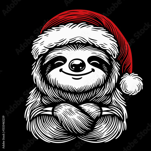 Sloth wearing red Santa Claus costumes smiling with arms crossed a minimalist vector graphic of festive laziness