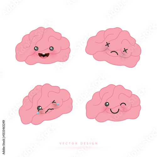 Happy and tired brain cartoon character. can be used in children clinic or hospital. medical health concept. symbolizing intellect and neuroscience. vector design.