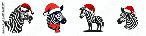Zebra wear santa hat as Santa Claus vector graphic simple minimalist monochrome silhouette doodle of a festive striped equine.