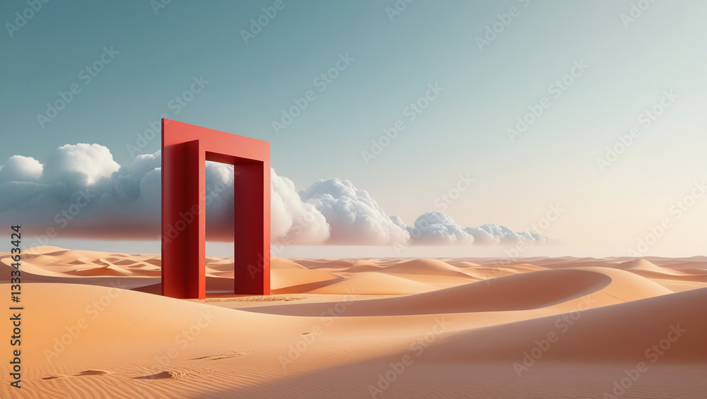 AI Generative. A surreal desert landscape with soft golden sand dunes, a red gate to the sky shaded by fluffy white clouds. 44 AI Generative. A surreal desert landscape with soft golden sand dunes, a red gate to the sky shaded by fluffy white clouds. 44