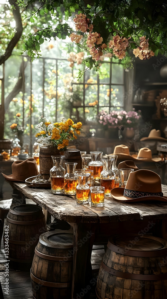 Fototapeta premium Whiskey Glasses On Rustic Wooden Table In A Garden Room