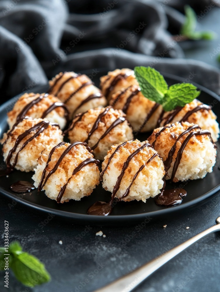 Coconut Macaroons with Chocolate Drizzle and Mint Garnish on Plate Coconut Macaroons with Chocolate Drizzle and Mint Garnish on Plate
