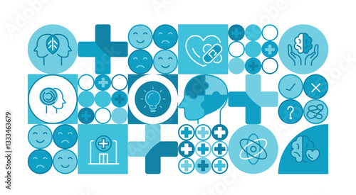 Mental health with icons. meditation, stress management, anxiety, relief, depression stress, psychology, brain and more. Illustrated with a blue pattern health shapes. vector design.