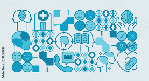 Mental health with icons. meditation, stress management, anxiety, relief, depression stress, psychology, brain and more. Illustrated with a blue pattern health shapes. vector design.
