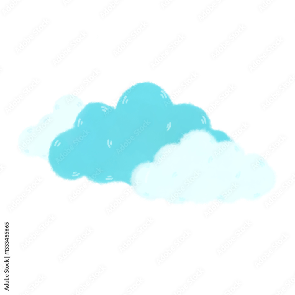 Clouds alternate between blue and white, floating around.