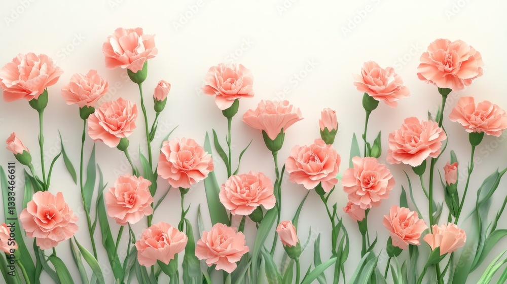 Fototapeta premium Pink Carnation Flowers Arrangement on White Background Springtime Blossom Display