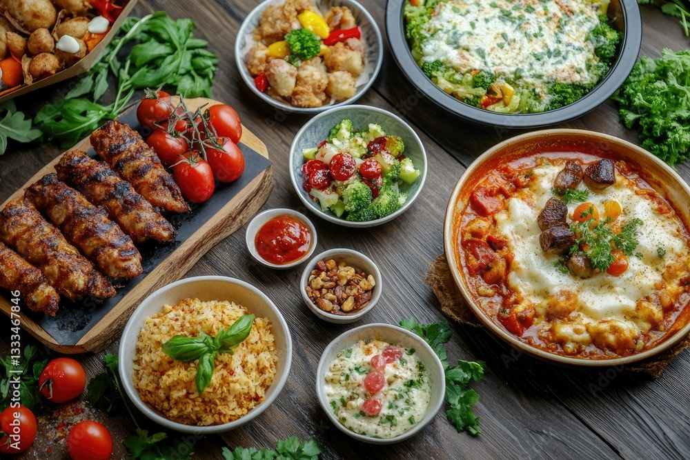 Detailed Image of High Angle View of Various Food on Table Detailed Image of High Angle View of Various Food on Table