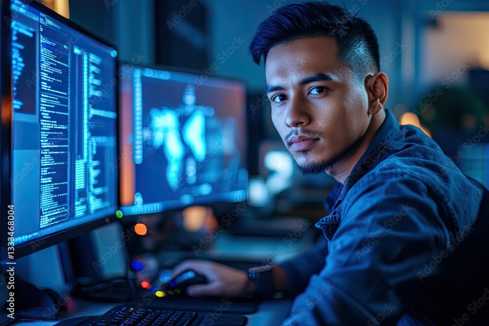 Detailed Visual of Male Engineer Looking at Camera While Working with Computer Detailed Visual of Male Engineer Looking at Camera While Working with Computer