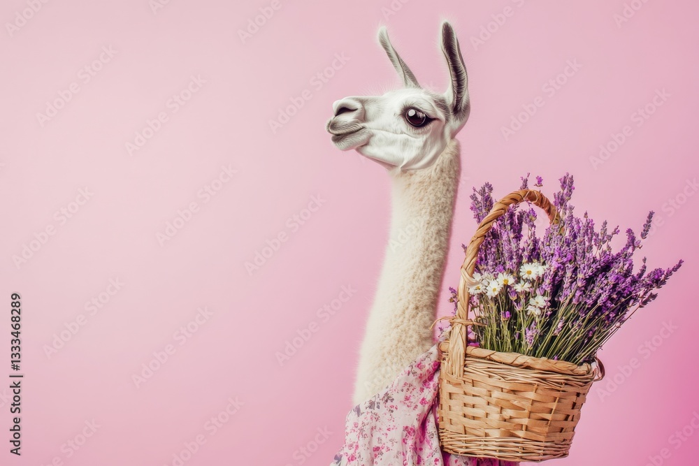 Fototapeta premium Llama carries lavender and chamomile in a bohemian dress