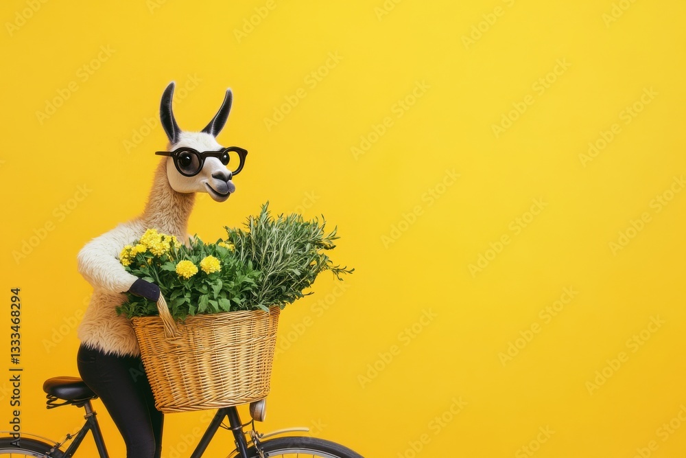 Fototapeta premium Llama on a bike with herbs against a yellow backdrop