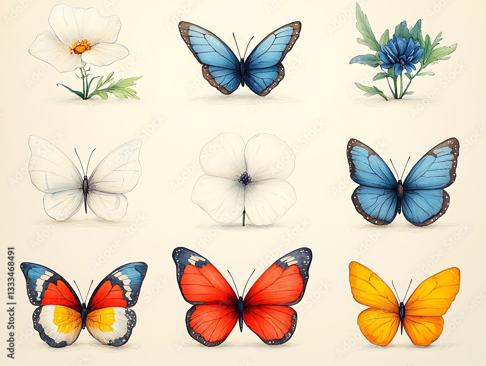 Colorful Butterflies & Flowers Set. Colorful Butterflies & Flowers Set.