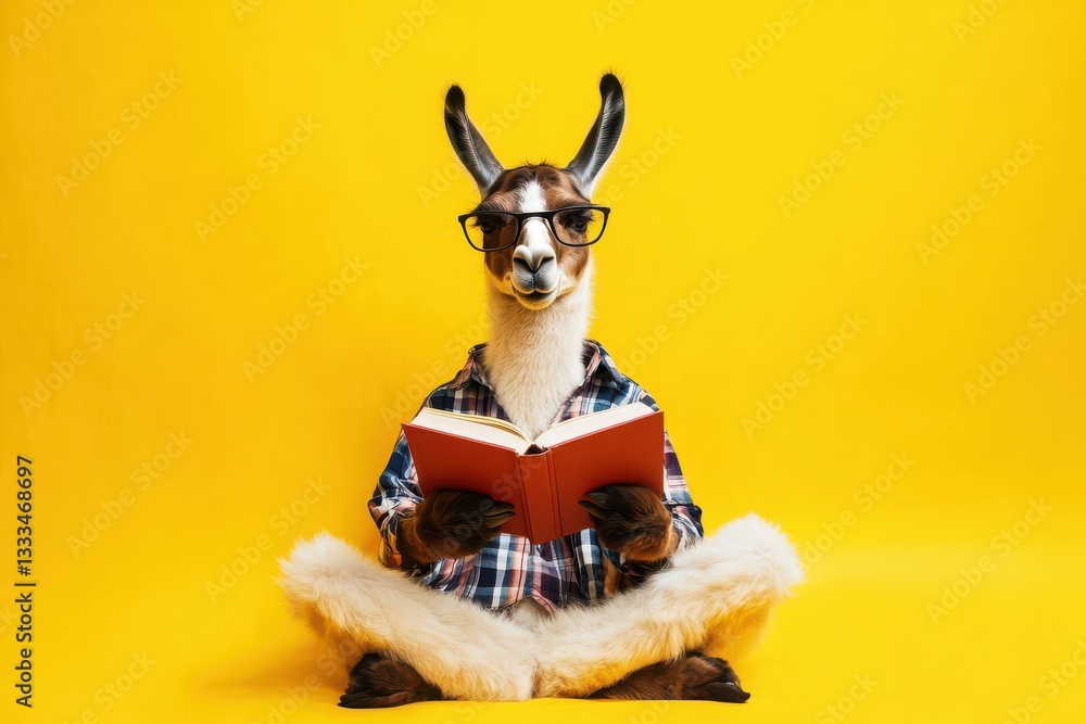 Obraz premium Hipster llama relaxes and reads a book on a bright yellow background