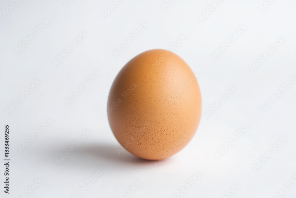 Brown egg resting on white background with soft natural light Brown egg resting on white background with soft natural light