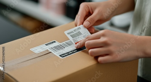 A person applies a shipping label to a cardboard box. The individual has light skin and hands are shown up close. The scene captures the process of preparing a package for delivery.