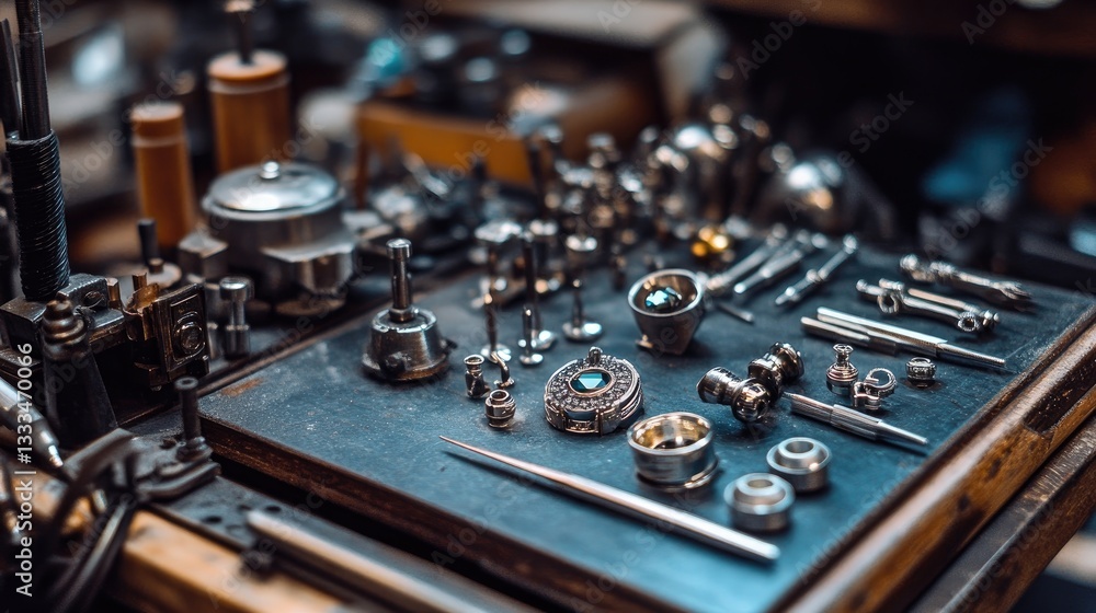 A jeweler's precision tools arranged neatly on a workbench with a gemstone setting. A jeweler's precision tools arranged neatly on a workbench with a gemstone setting.