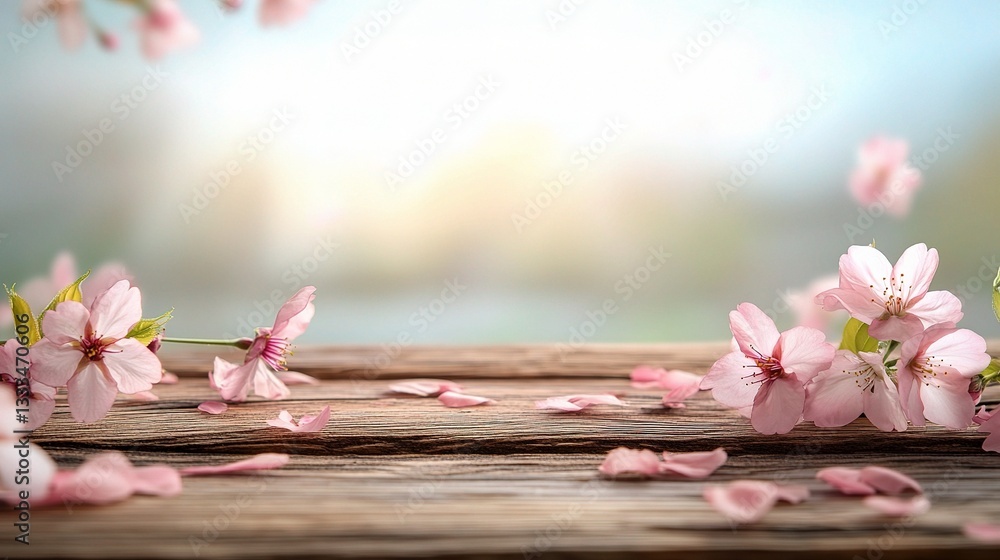 Fototapeta premium Rustic Wooden Table with Delicate Pink Cherry Blossoms in Focus