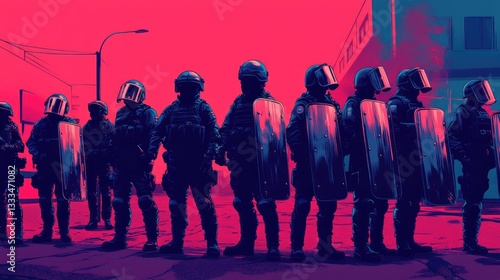 A powerful image of police officers in riot gear, standing in a line with shields in an urban setting, ready for enforcement in a high-stress situation