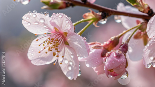 Delicate pink cherry blossoms adorned with dewdrops on branch, capturing essence of springtime beauty and freshness. soft petals and water droplets create serene and tranquil scene