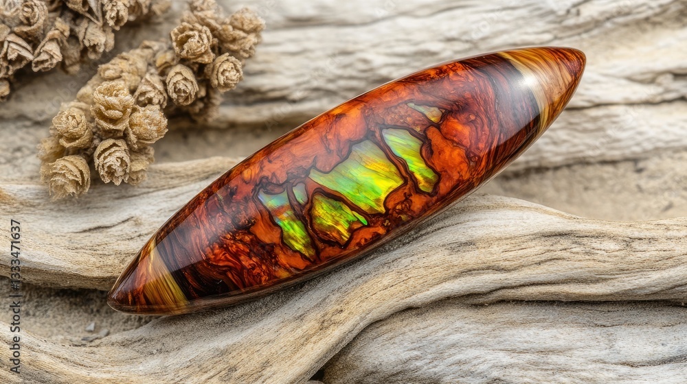 A luminous opalized wood gemstone showcasing its stunning play of color, set against a neutral backdrop. A luminous opalized wood gemstone showcasing its stunning play of color, set against a neutral backdrop.