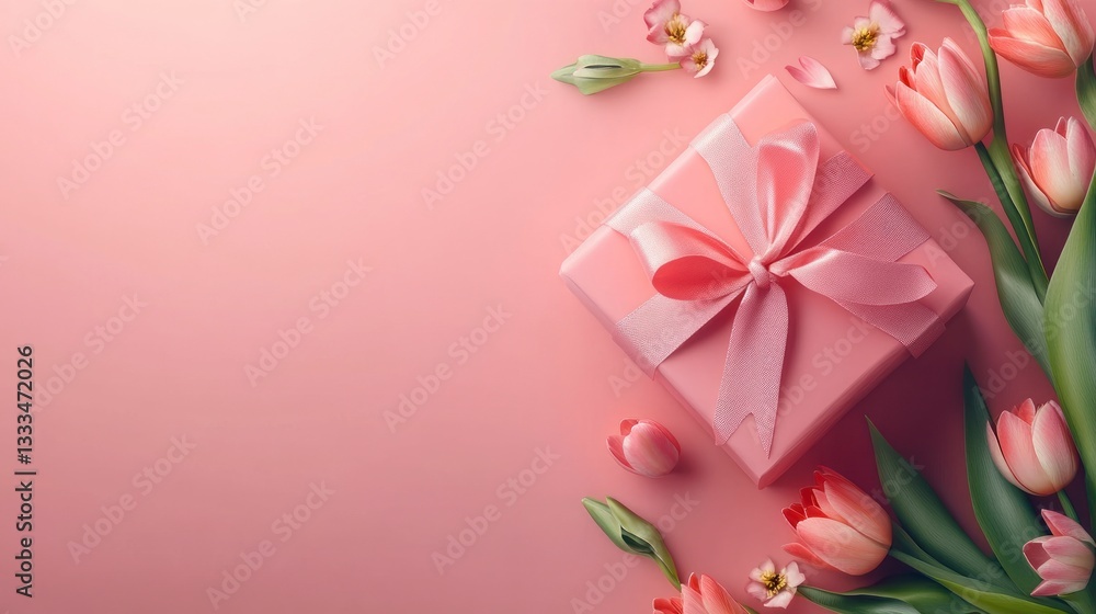 Pink Gift Box with Tulips and Flowers on Pastel Background Pink Gift Box with Tulips and Flowers on Pastel Background