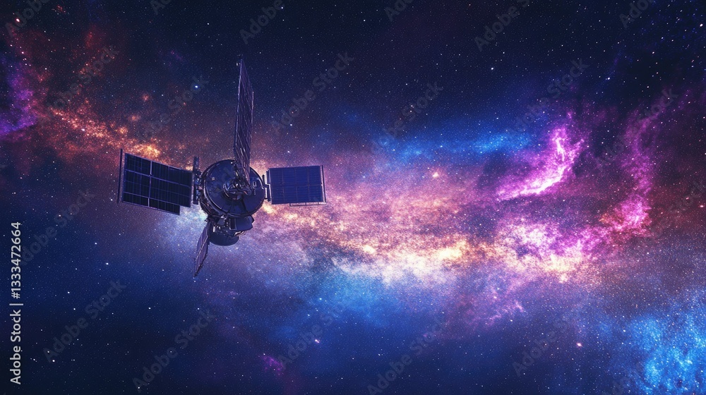 Naklejka premium A remote satellite observatory under the Milky Way, capturing deep space signals as vibrant cosmic colors illuminate the dark horizon
