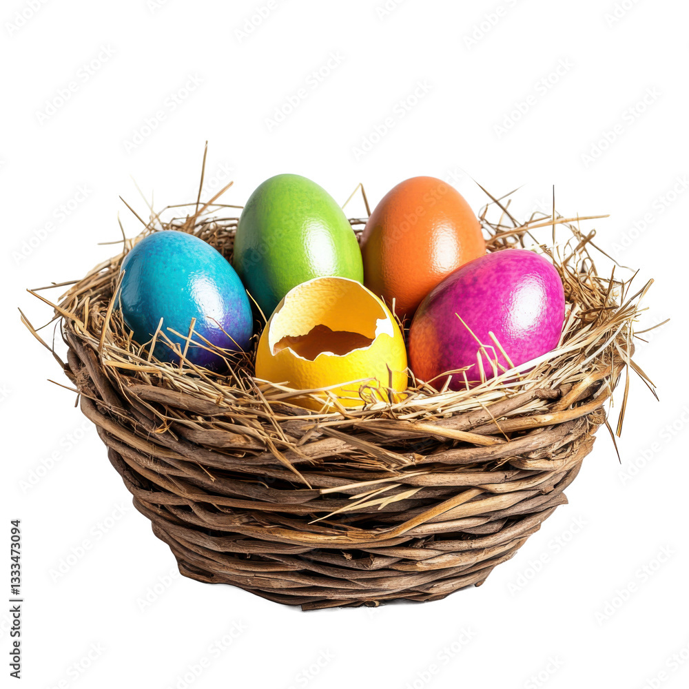 easter eggs in a nest with one egg cracked easter eggs in a nest with one egg cracked