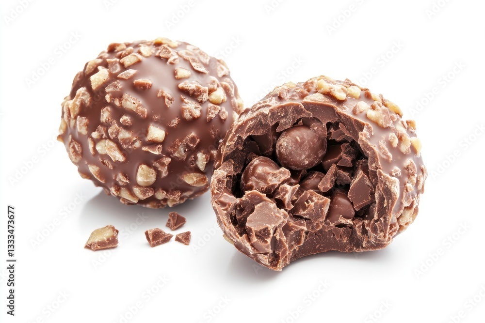 Chocolate Truffle Candy with Nuts and Filling on White Background Chocolate Truffle Candy with Nuts and Filling on White Background